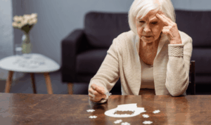 Starija žena se muči sa sastavljanjem jednostavne slagalice