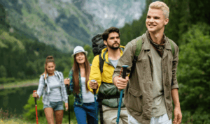 dvije djevojke i dva mladića planinare u zelenom krajoliku