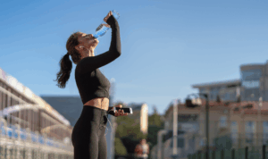 mlada žena nakon treninga na otvorenom pije vodu iz boce