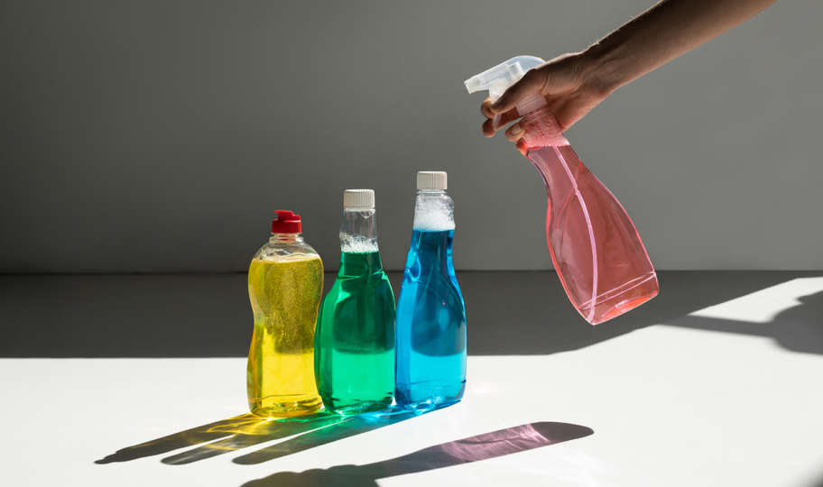 krupni kadar ruke koja drži sredstvo za čišćenje i još tri boce sličnih sredstava pokraj