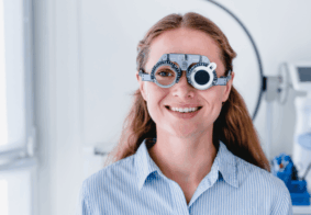 nasmijana mlada žena s naočalama za ispitivanje vida