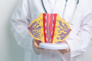 liječnik drži model presjeka ženske dojke 