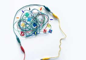 ilustracija neurološkog sustava i mozga, ljudska glava sastavljena od žica i kablela