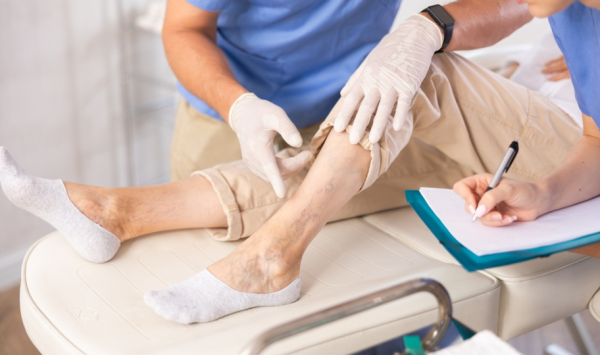 žena s varikoznim venama na pregledu, krupni kadar