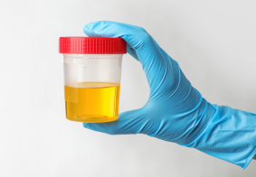 ruka u medicinskoj rukavici drži uzorak urina