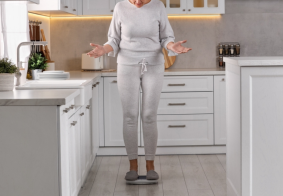 žena u menopauzi stoji na vagi i čudi se debljanju